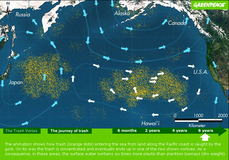 Karta s položajem plastičnih kontinenata (Greenpeace)
