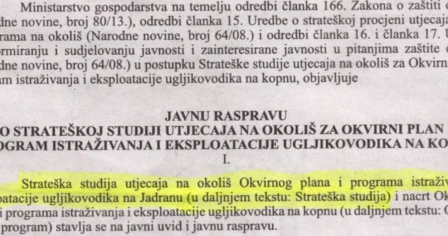 Znakovita greška Ministarstva gospodarstva: Objavili oglas o javnoj raspravi o bušenju kopna, a napisali – Jadran