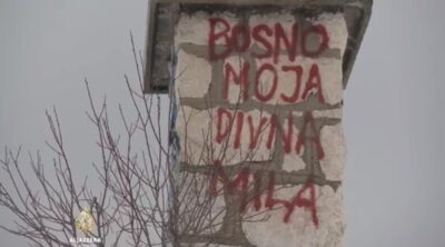 Nqtpis na zgradi porušene postaje žičare na Trebeviću (foto printscreen Al Jazeera)