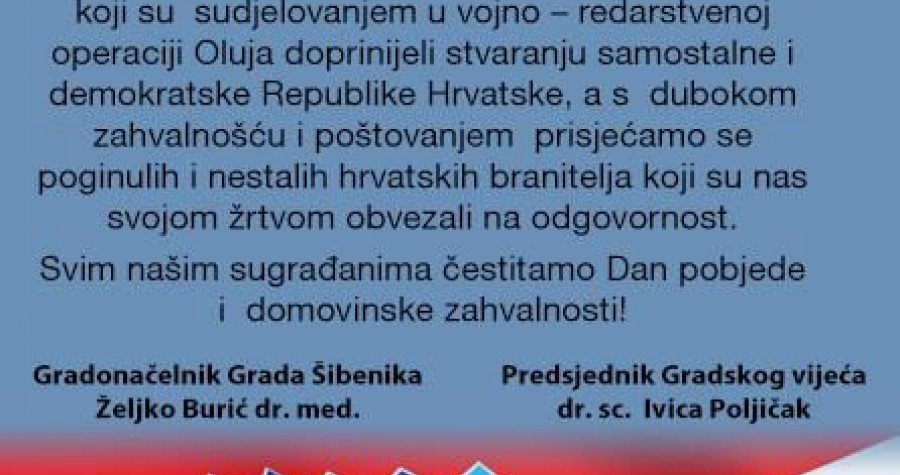 Grad Šibenik čestita Dan pobjede i domovinske zahvalnosti