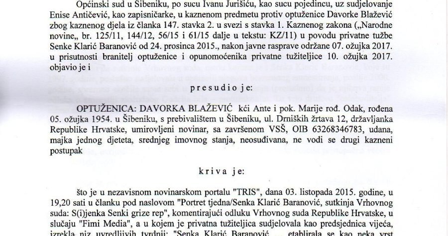 Presuda Općinskog suda u Šibeniku