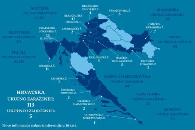 Hrvatska, 20. ožujka 2020. ujutro: 113 zaraženih osoba u Hrvatskoj, pet osoba je ozdravilo