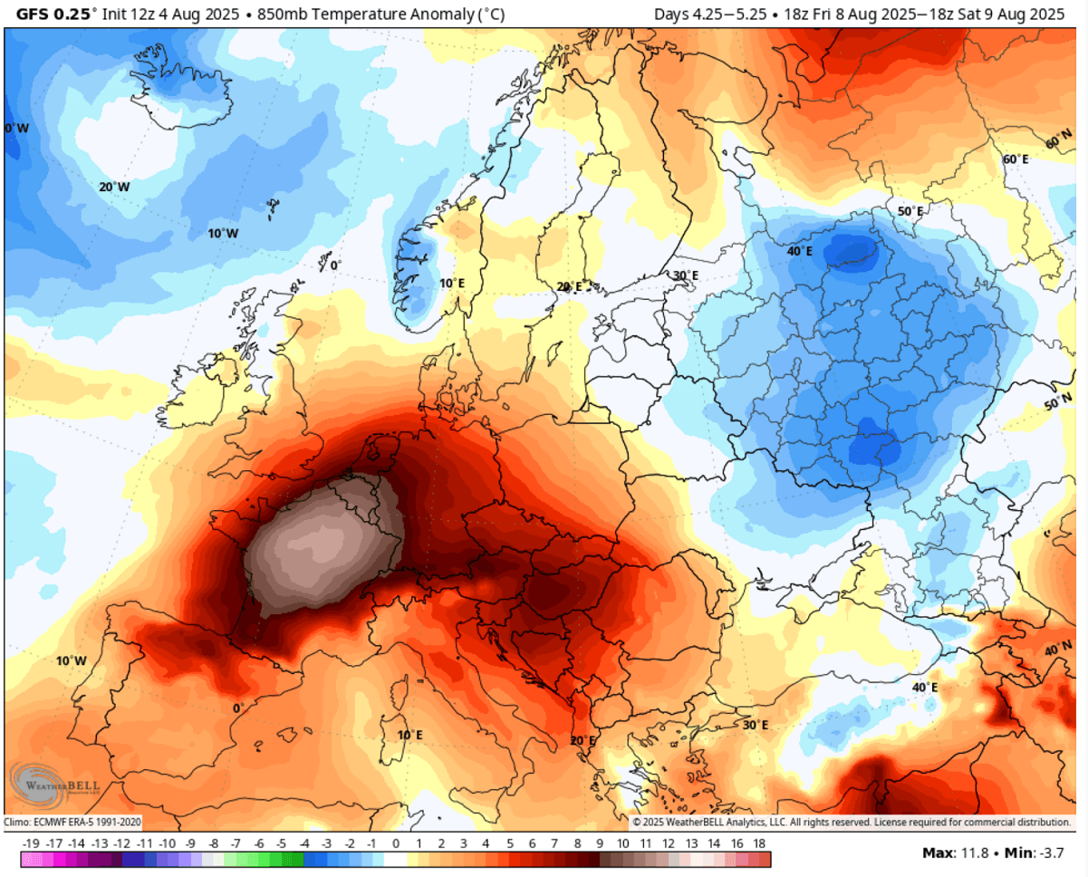 toplinska-kupola-žarki-toplinski-val-europa-kolovoz-2025-prognoza-850mb-anomalija-petak