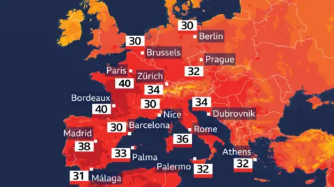 BBC-jeva vremenska slika prikazuje Europu s temperaturama do 30-ih stupnjeva Celzija u mnogim većim europskim gradovima, s 40°C prikazanih za Bordeaux i Pariz.