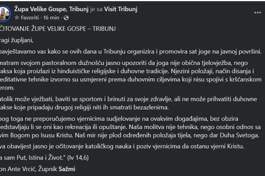 Ljeto Gospodnje 2026., tribunjski župnik: ‘Joga nije obična tjelovježba, ne preporučujemo vjernicima’